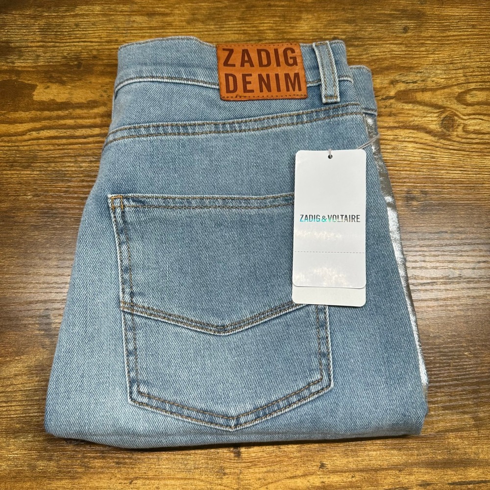 Zadig & Voltaire Juicy Denim Bleu Mini Skirt Silver Stripe Light Wash 38 NEW